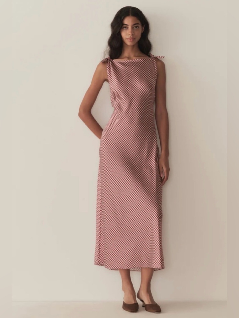NWT Caroline Constas Pink Check Bias Maxi Dress with shoulder ties, size M